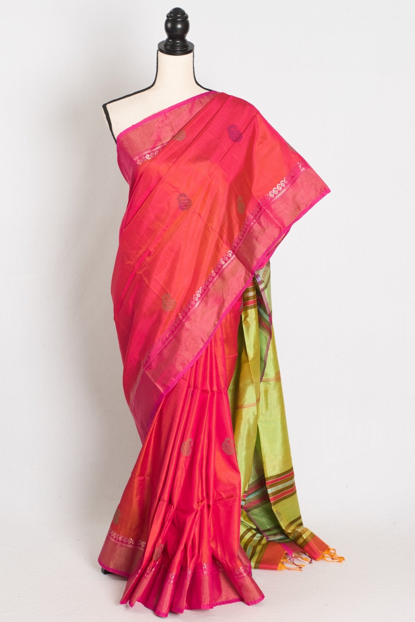 Malini : Bishnupur Katan Silk Saree in Peach Orange and Green - Saree Mandi