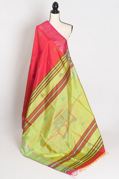 Malini : Bishnupur Katan Silk Saree in Peach Orange and Green - Saree Mandi