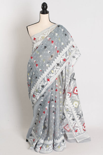 Mandar : Gray Blended Soft Cotton Jamdani Bengali Saree - Saree Mandi