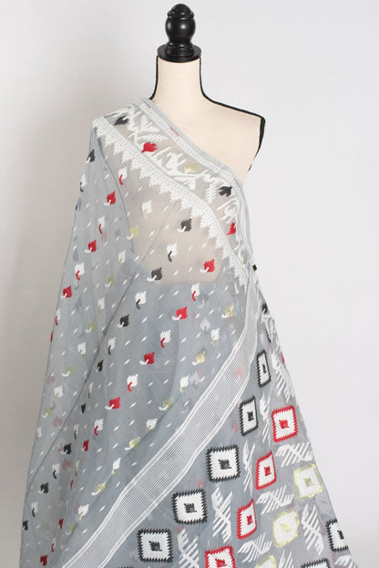 Mandar : Gray Blended Soft Cotton Jamdani Bengali Saree - Saree Mandi