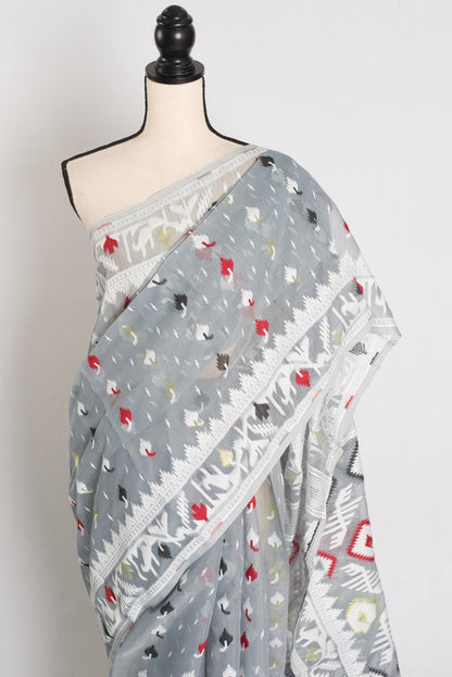 Mandar : Gray Blended Soft Cotton Jamdani Bengali Saree - Saree Mandi