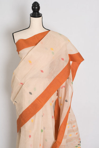 Mandar : Pure Cotton Bengal Handloom Jamdani Saree in Light Brown - Saree Mandi