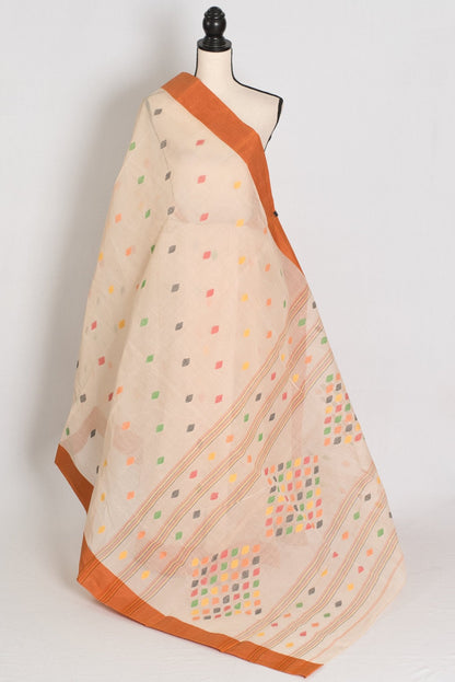 Mandar : Pure Cotton Bengal Handloom Jamdani Saree in Light Brown - Saree Mandi