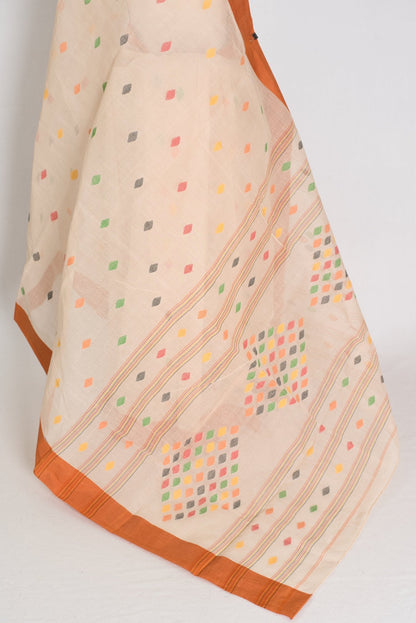 Mandar : Pure Cotton Bengal Handloom Jamdani Saree in Light Brown - Saree Mandi