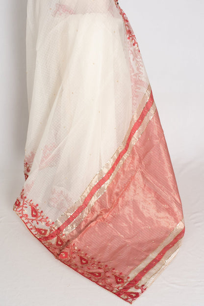 Mandar : Traditional White & Red Blended Kota Silk Jamdani Saree - Saree Mandi