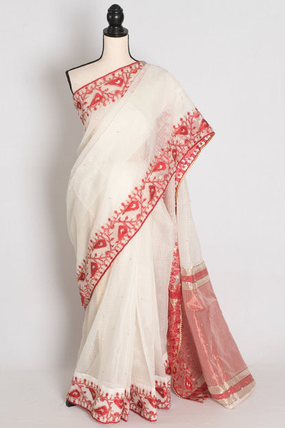Mandar : Traditional White & Red Blended Kota Silk Jamdani Saree - Saree Mandi