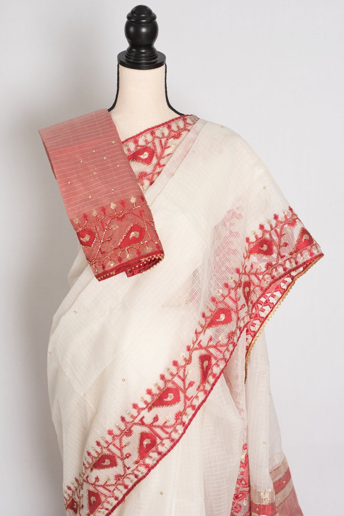 Mandar : Traditional White & Red Blended Kota Silk Jamdani Saree - Saree Mandi