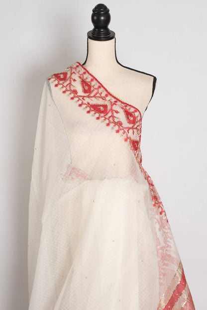 Mandar : Traditional White & Red Blended Kota Silk Jamdani Saree - Saree Mandi