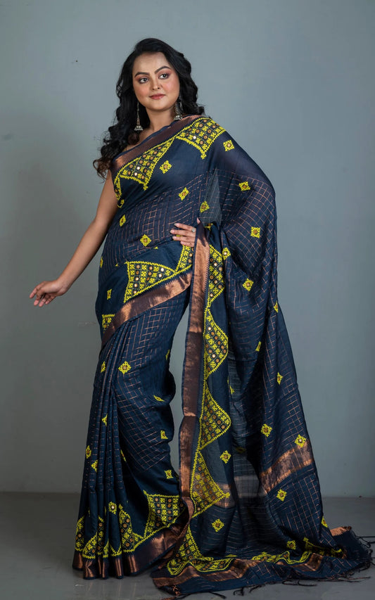 Hand Embroidery Kutch Work on Soft Mangalagiri Cotton Saree in Dark Grey.