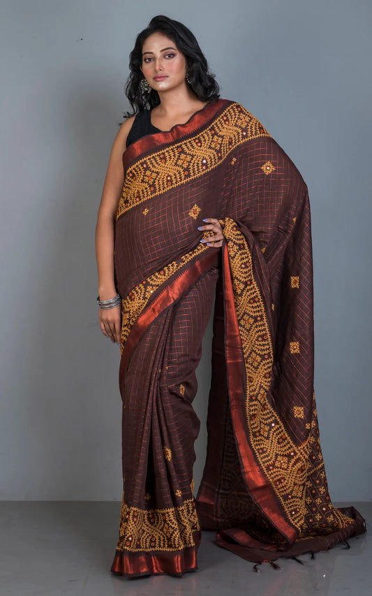 Gujarati Stitch Hand Work on Mangalagiri Cotton Checks Saree in Chocolate Brown.