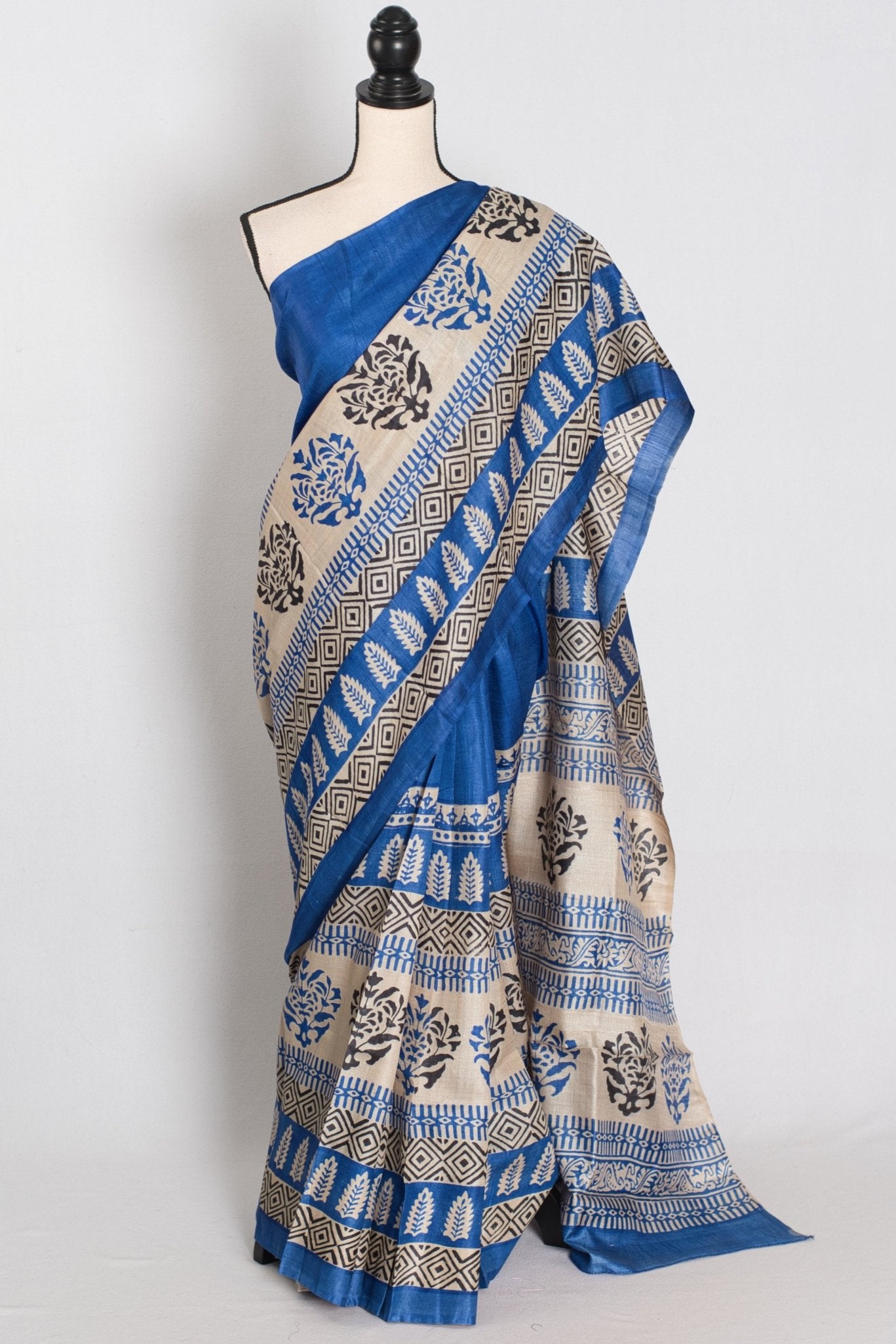 Mati Blue and White Hand Block Printed Tussar Silk Saree with 38 Size Blouse - Saree Mandi