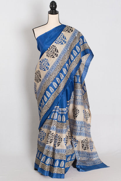 Mati Blue and White Hand Block Printed Tussar Silk Saree with 38 Size Blouse - Saree Mandi
