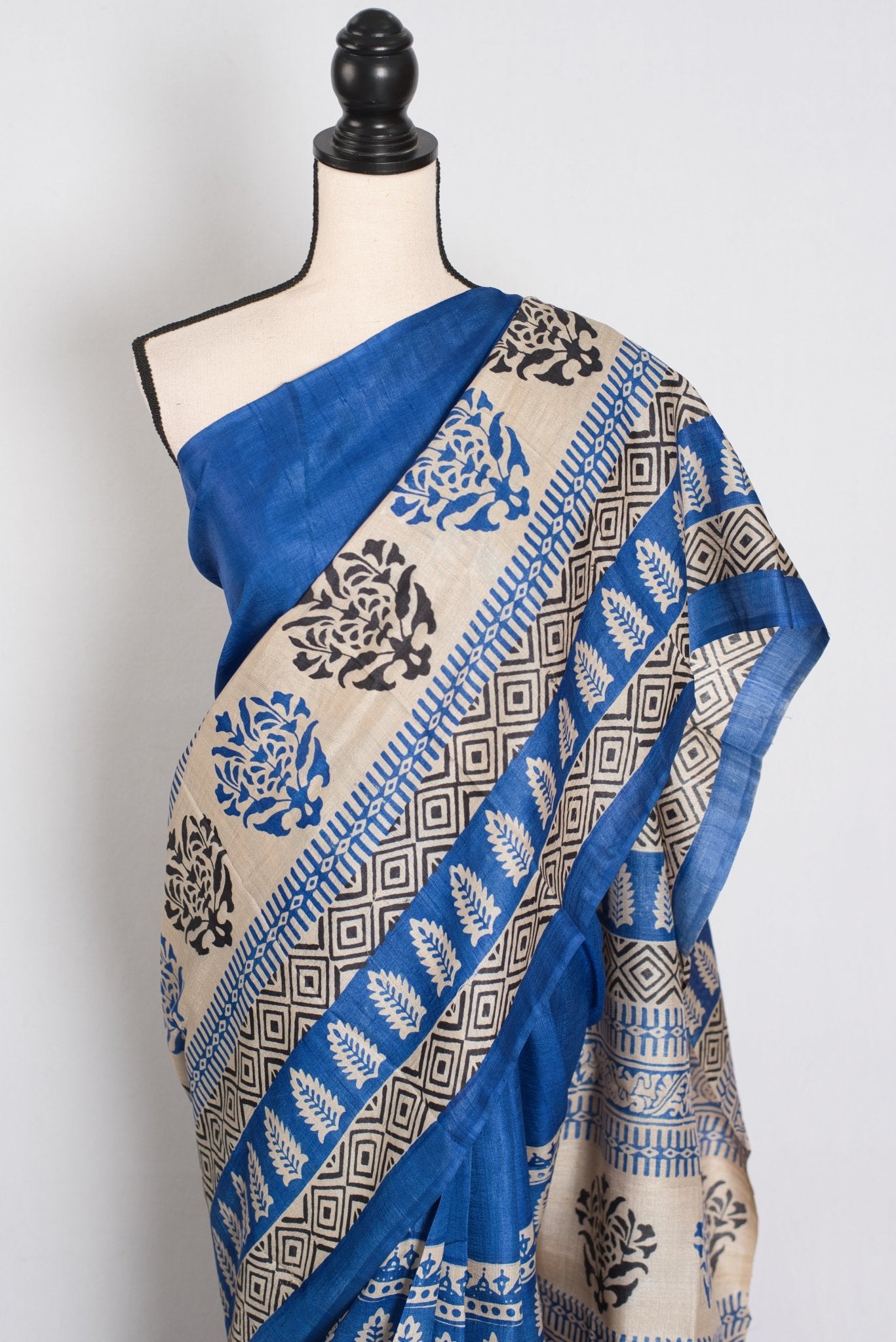 Mati Blue and White Hand Block Printed Tussar Silk Saree with 38 Size Blouse - Saree Mandi