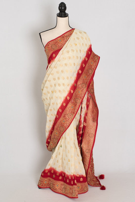Maya | Off-White & Red Crepe Georgette Banarasi Saree | Bengali Look - Saree Mandi