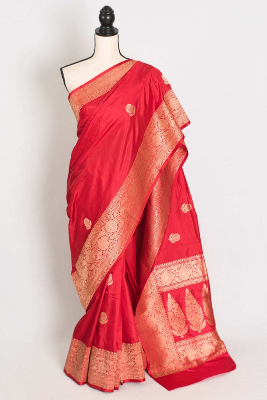 Maya : Silk Mark Certified Bridal Katan Banarasi Silk Saree in Red and Gold - Saree Mandi