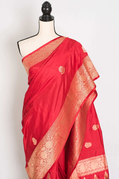 Maya : Silk Mark Certified Bridal Katan Banarasi Silk Saree in Red and Gold - Saree Mandi