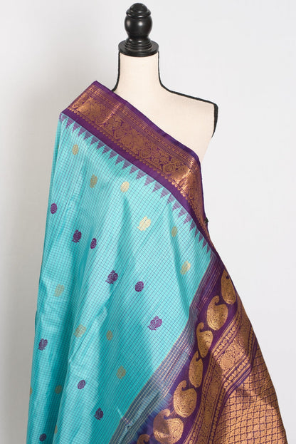 Mayuri: Handwoven Checks Gadwal Silk Saree with Purple Kanji Border and Pallu - Saree Mandi