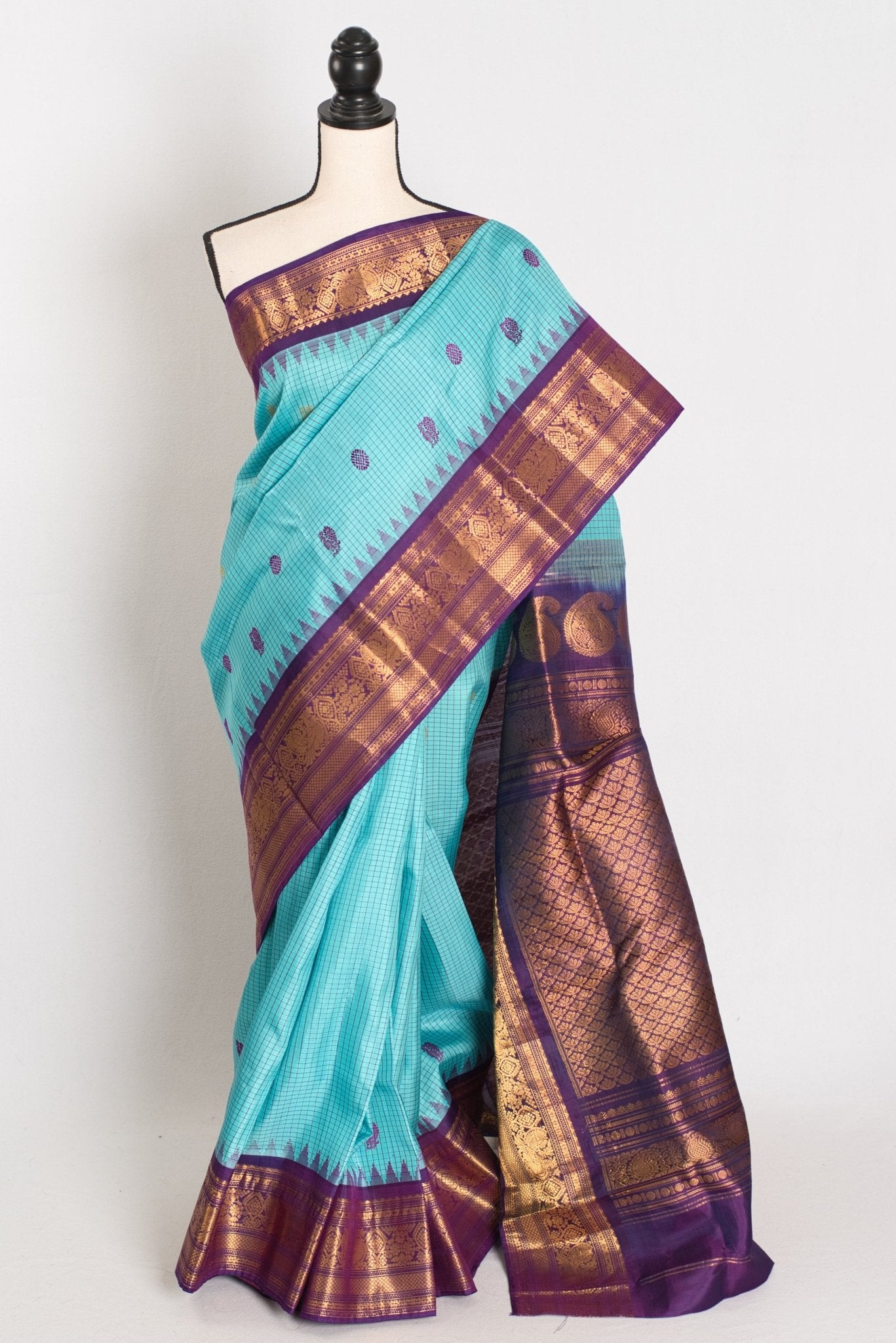 Mayuri: Handwoven Checks Gadwal Silk Saree with Purple Kanji Border and Pallu - Saree Mandi