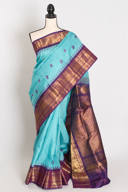 Mayuri: Handwoven Checks Gadwal Silk Saree with Purple Kanji Border and Pallu - Saree Mandi
