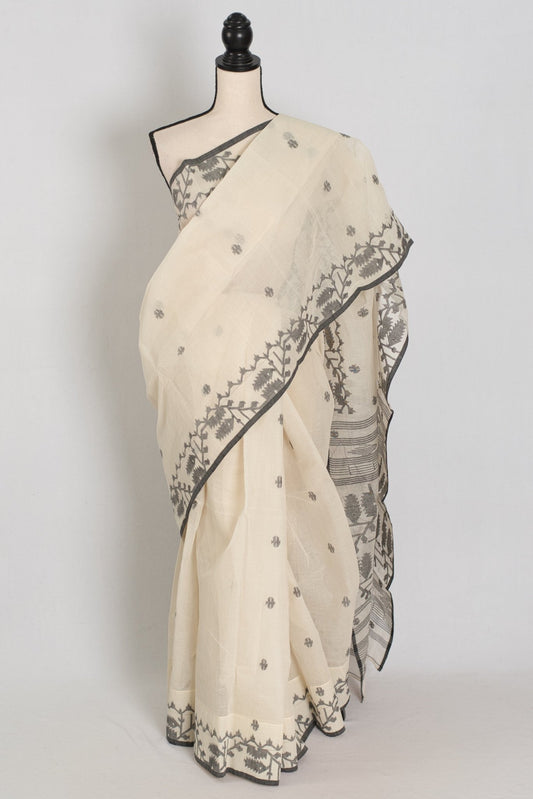 Medha: Off - White & Black Pure Bengal Handloom Cotton Jamdani Saree - Saree Mandi