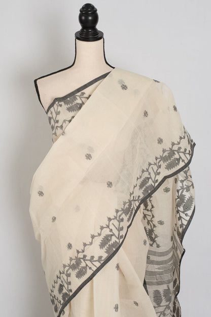 Medha: Off - White & Black Pure Bengal Handloom Cotton Jamdani Saree - Saree Mandi