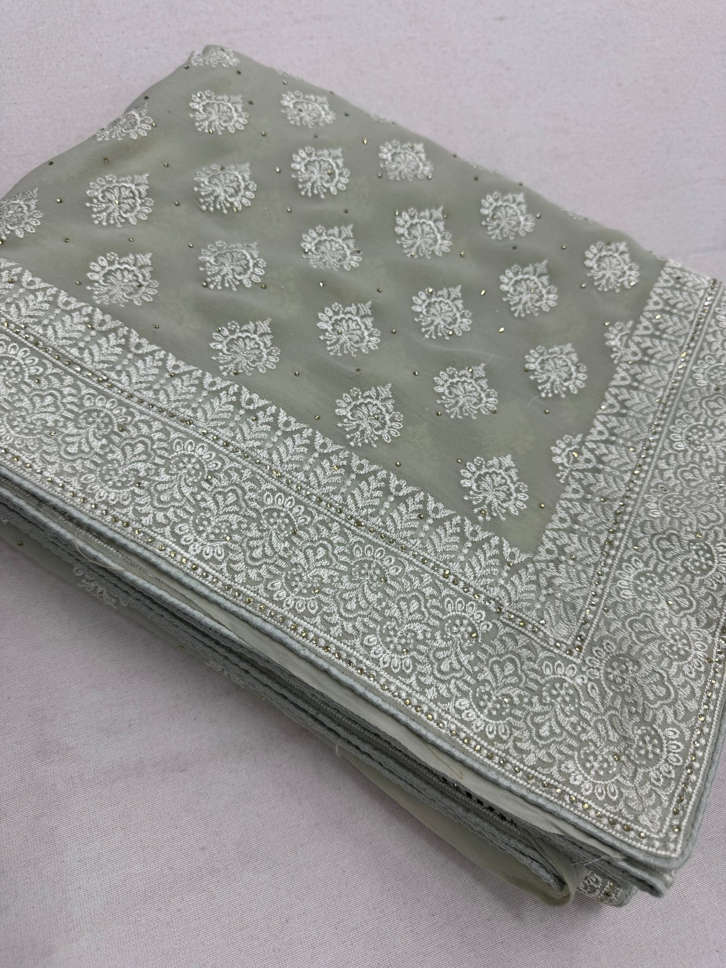 Medha | Sage Green Georgette Cocktail Saree | Elegant Pastel Floral Bootis - Saree Mandi