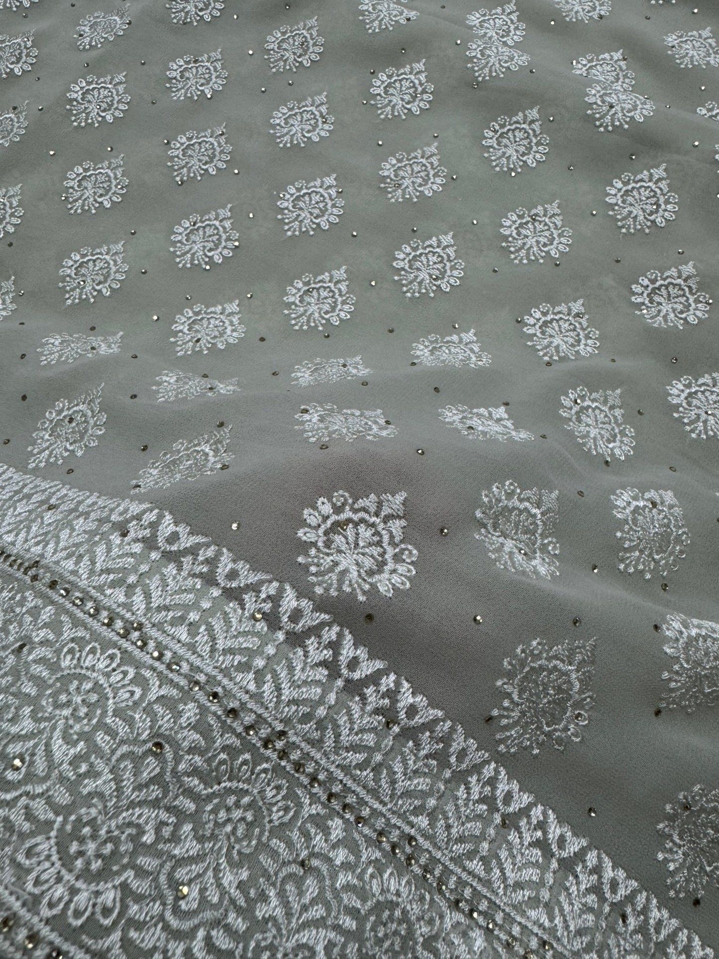 Medha | Sage Green Georgette Cocktail Saree | Elegant Pastel Floral Bootis - Saree Mandi