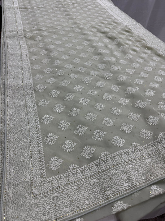 Medha | Sage Green Georgette Cocktail Saree | Elegant Pastel Floral Bootis - Saree Mandi