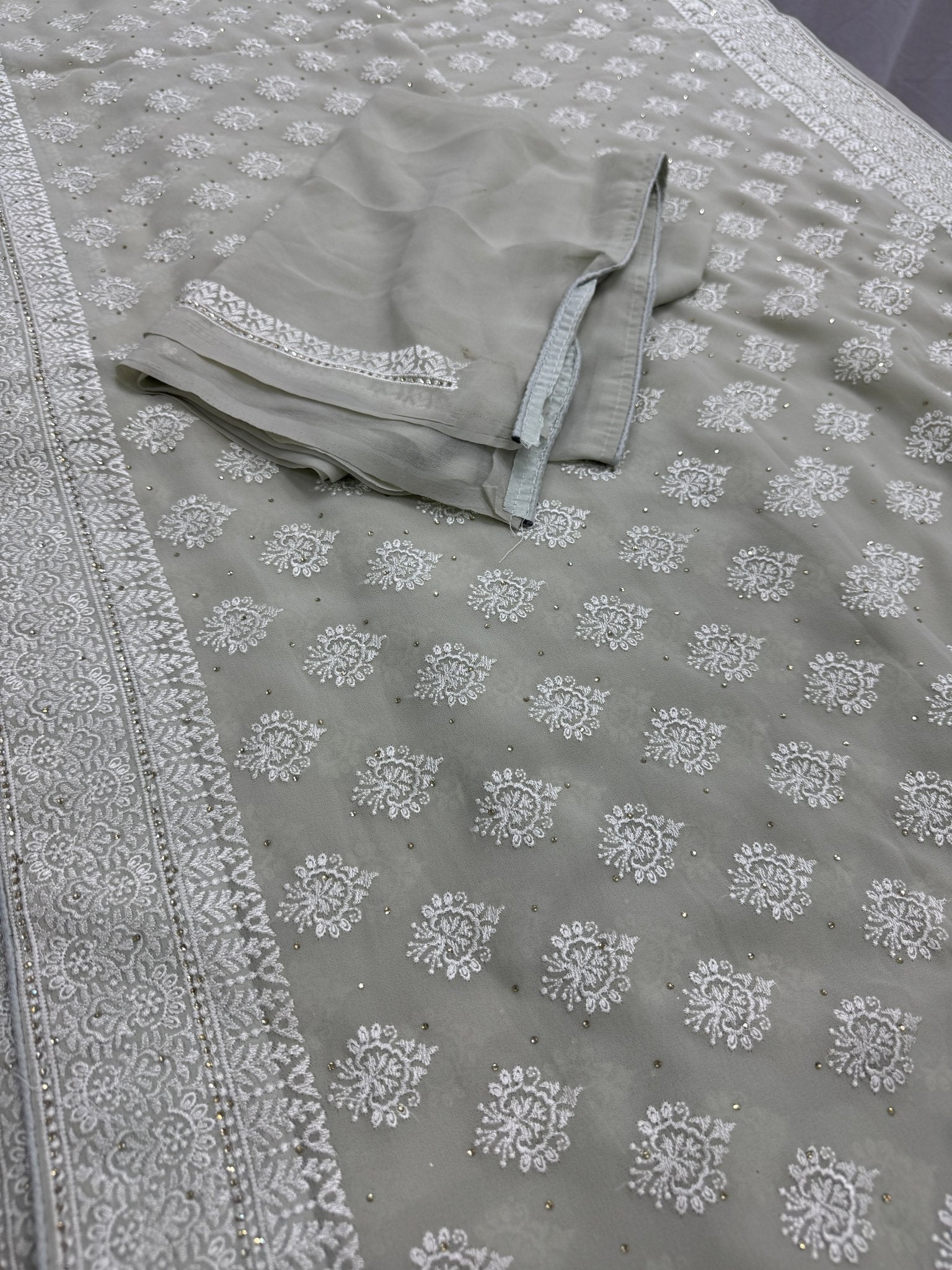Medha | Sage Green Georgette Cocktail Saree | Elegant Pastel Floral Bootis - Saree Mandi
