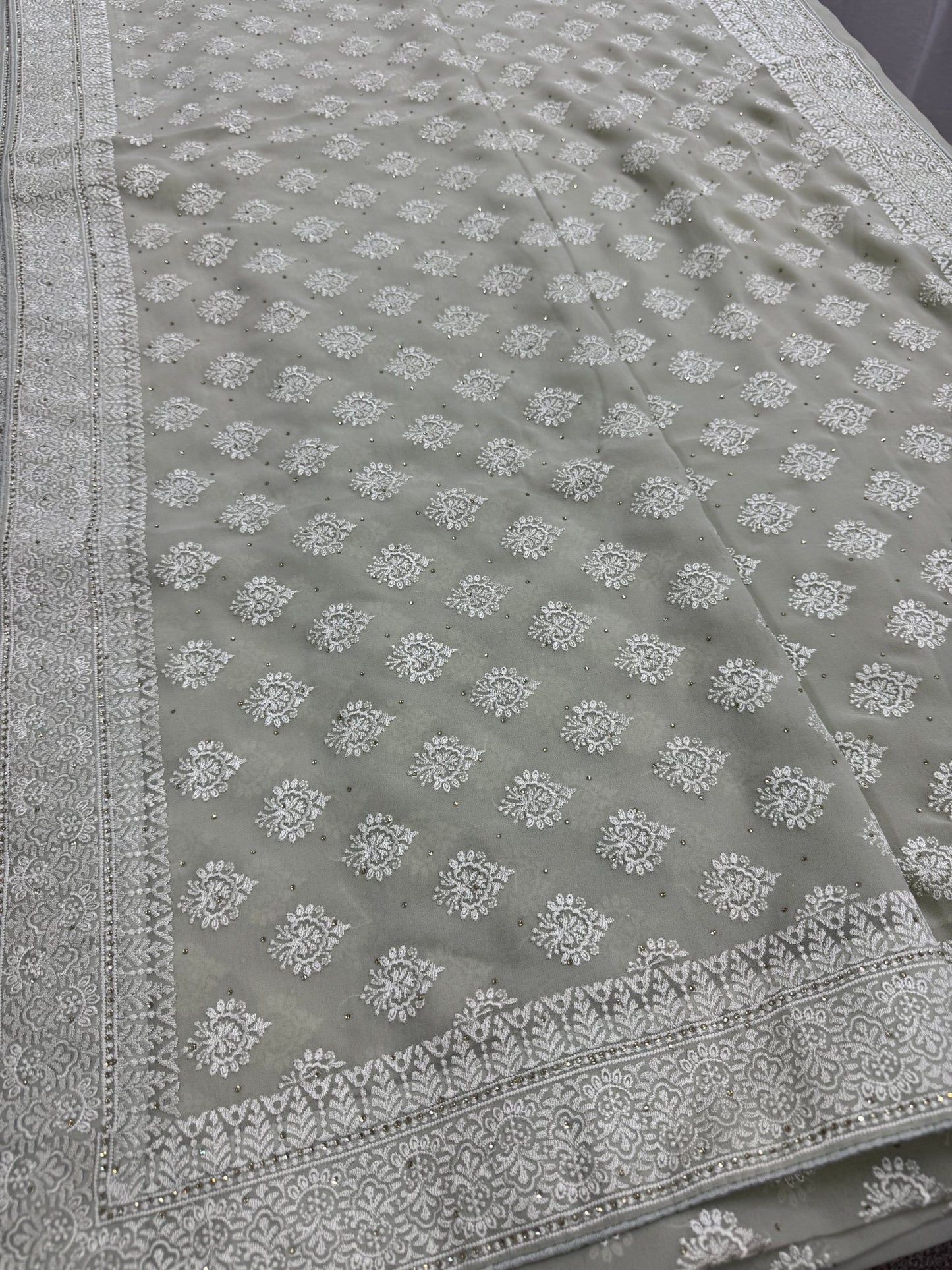 Medha | Sage Green Georgette Cocktail Saree | Elegant Pastel Floral Bootis - Saree Mandi