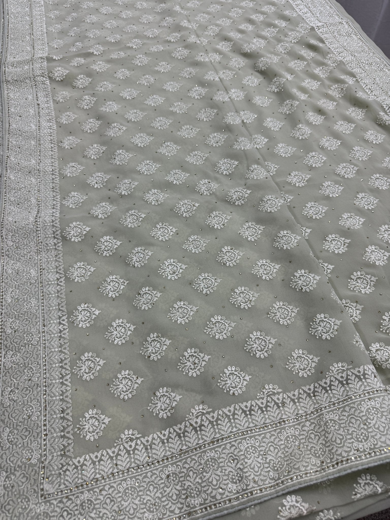 Medha | Sage Green Georgette Cocktail Saree | Elegant Pastel Floral Bootis - Saree Mandi