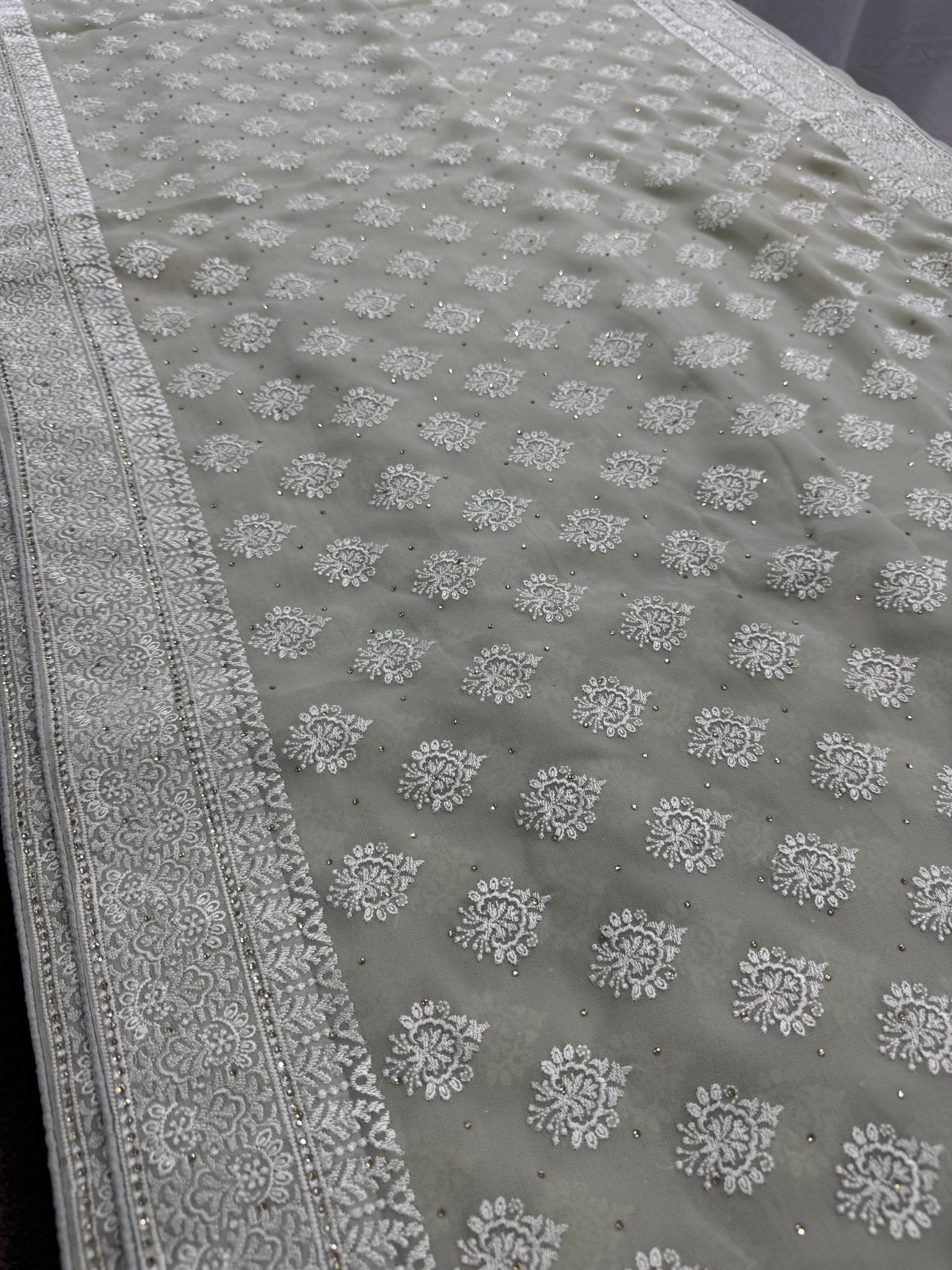 Medha | Sage Green Georgette Cocktail Saree | Elegant Pastel Floral Bootis - Saree Mandi