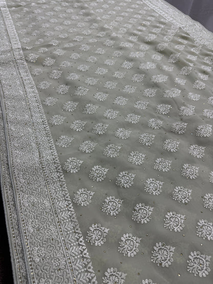 Medha | Sage Green Georgette Cocktail Saree | Elegant Pastel Floral Bootis - Saree Mandi