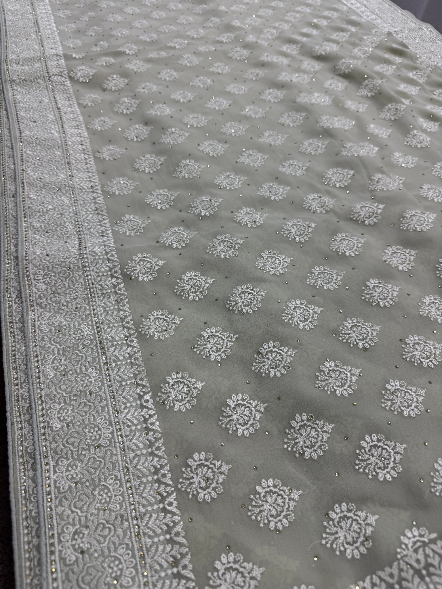 Medha | Sage Green Georgette Cocktail Saree | Elegant Pastel Floral Bootis - Saree Mandi