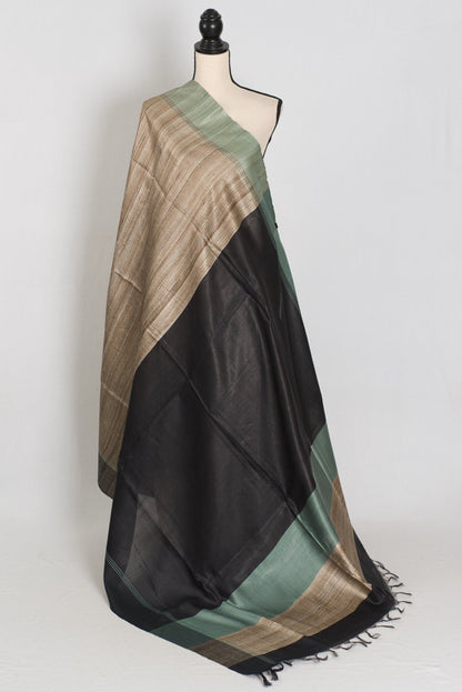 Minakshi: Natural Tan Ketiya Tussar Silk Saree with Ganga Jamuna Border - Saree Mandi