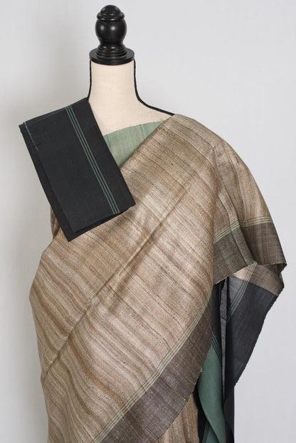 Minakshi: Natural Tan Ketiya Tussar Silk Saree with Ganga Jamuna Border - Saree Mandi
