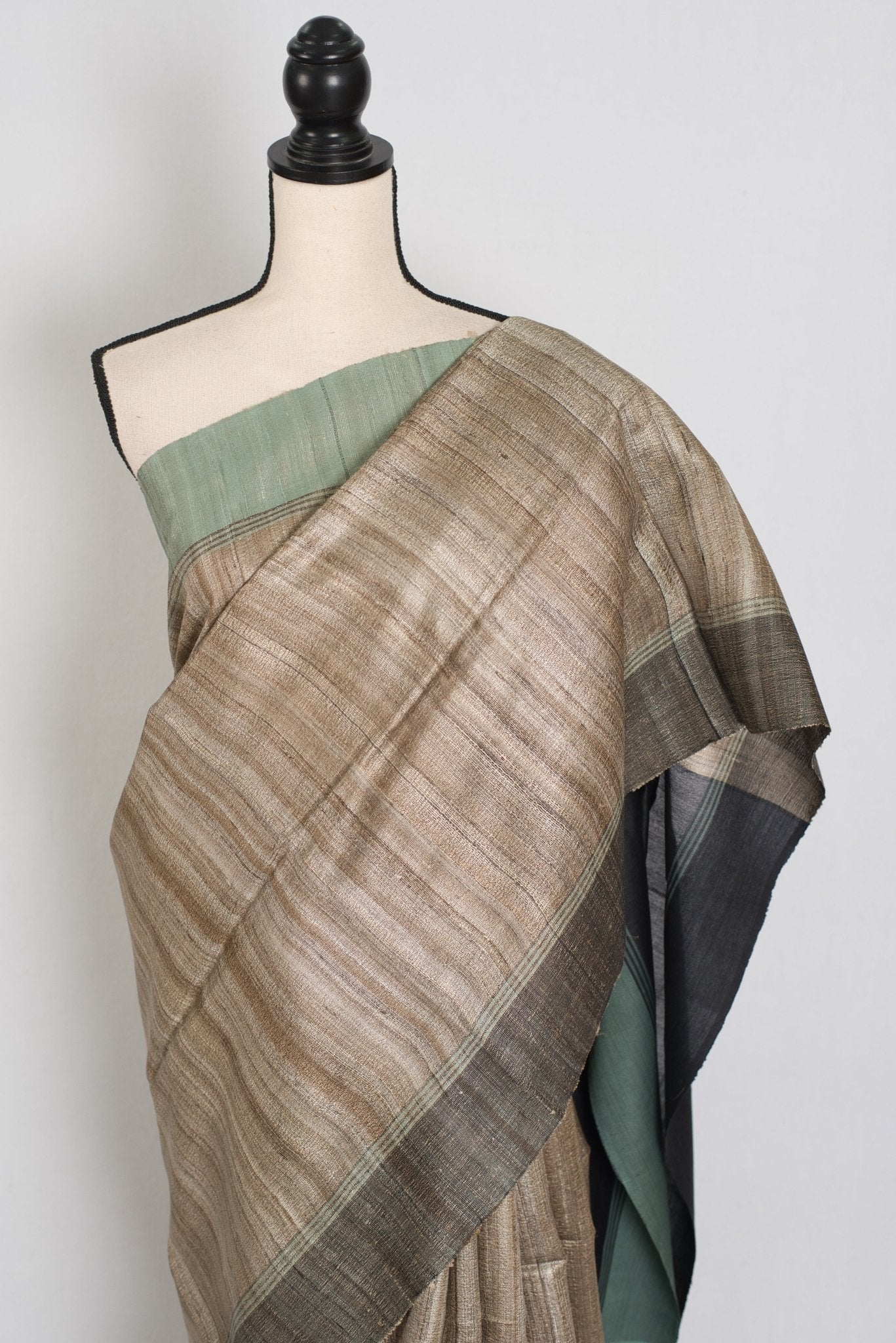 Minakshi: Natural Tan Ketiya Tussar Silk Saree with Ganga Jamuna Border - Saree Mandi