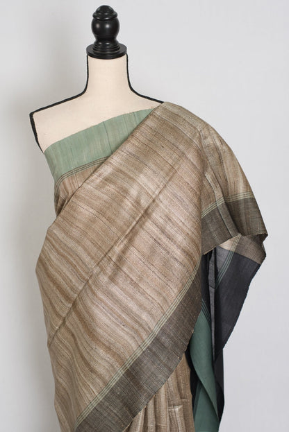 Minakshi: Natural Tan Ketiya Tussar Silk Saree with Ganga Jamuna Border - Saree Mandi