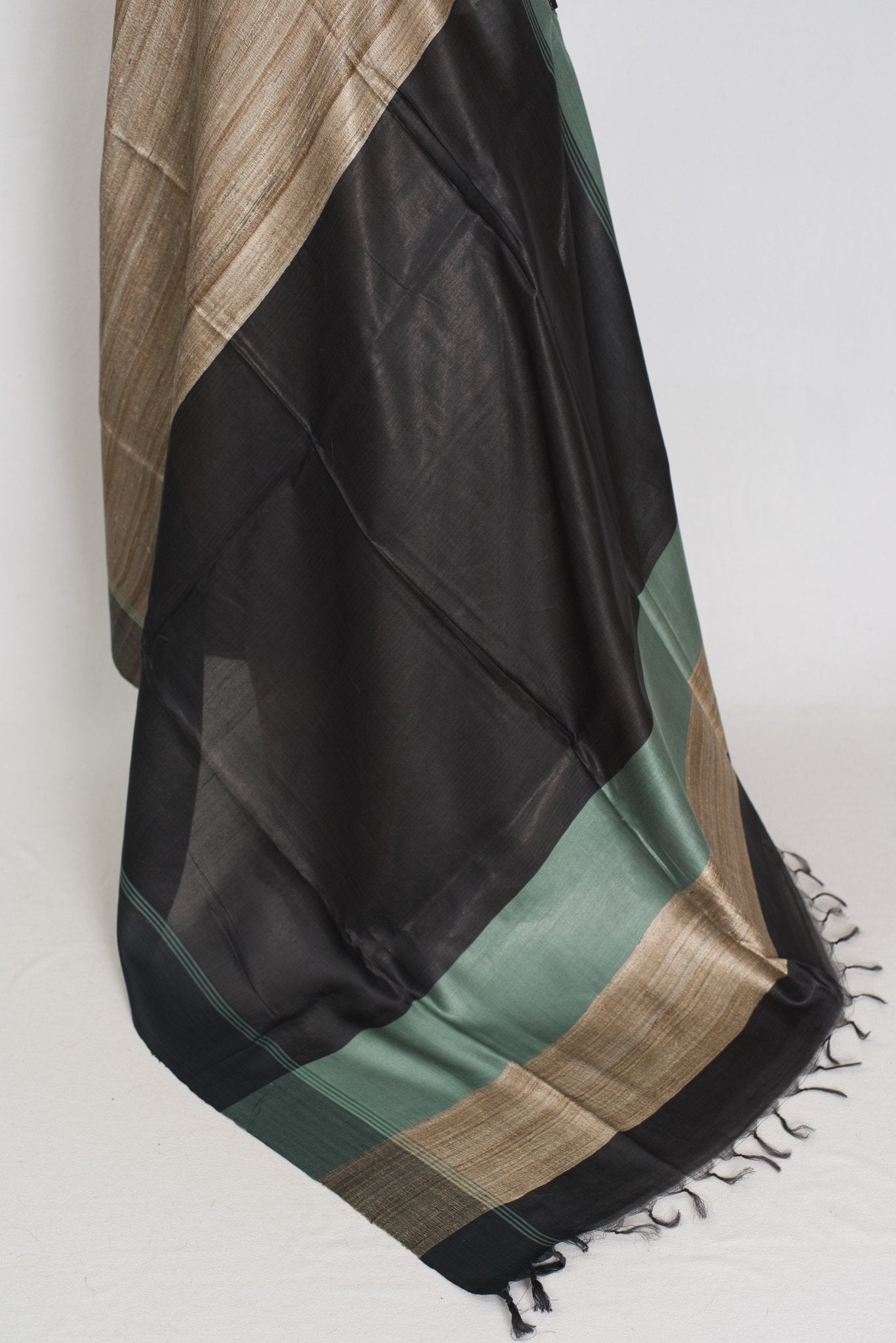 Minakshi: Natural Tan Ketiya Tussar Silk Saree with Ganga Jamuna Border - Saree Mandi
