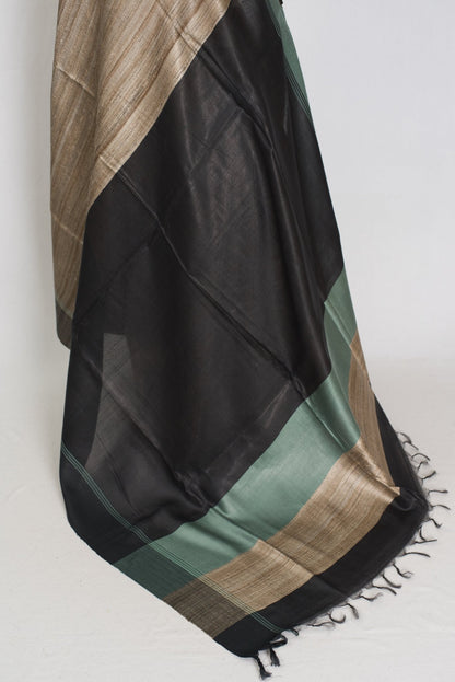 Minakshi: Natural Tan Ketiya Tussar Silk Saree with Ganga Jamuna Border - Saree Mandi