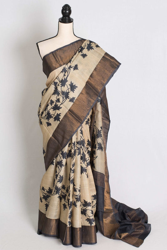 Mira : Printed Tussar Silk Saree in Cream and Black - Saree Mandi
