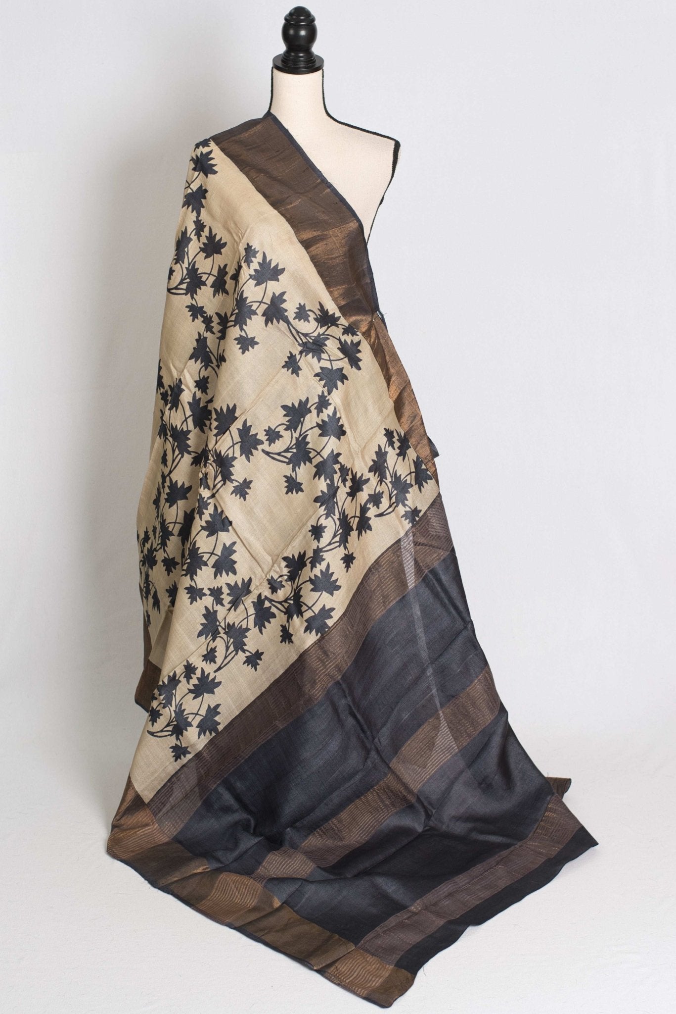 Mira : Printed Tussar Silk Saree in Cream and Black - Saree Mandi