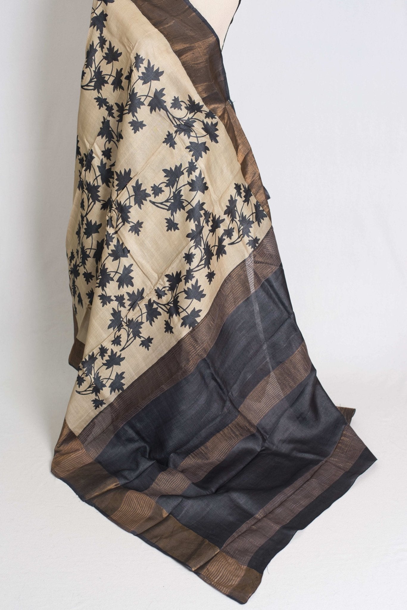 Mira : Printed Tussar Silk Saree in Cream and Black - Saree Mandi