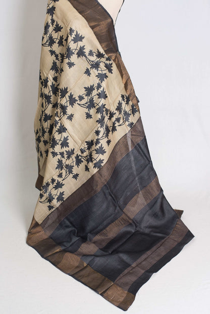 Mira : Printed Tussar Silk Saree in Cream and Black - Saree Mandi