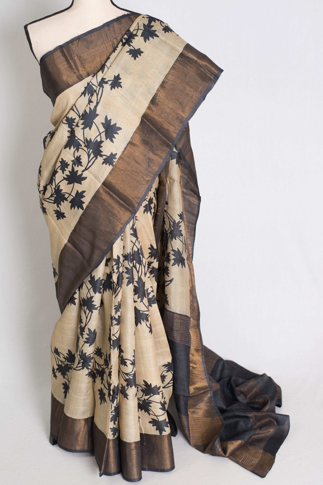 Mira : Printed Tussar Silk Saree in Cream and Black - Saree Mandi