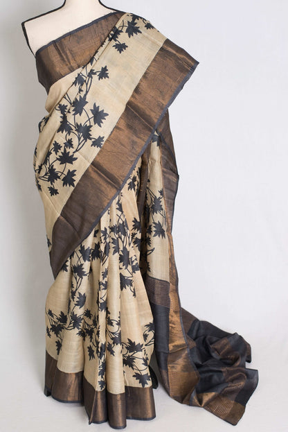 Mira : Printed Tussar Silk Saree in Cream and Black - Saree Mandi