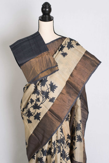 Mira : Printed Tussar Silk Saree in Cream and Black - Saree Mandi