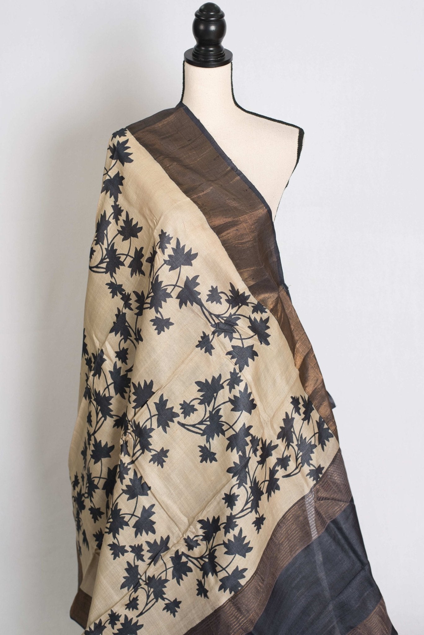 Mira : Printed Tussar Silk Saree in Cream and Black - Saree Mandi