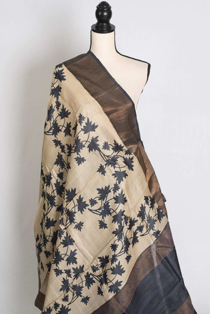 Mira : Printed Tussar Silk Saree in Cream and Black - Saree Mandi