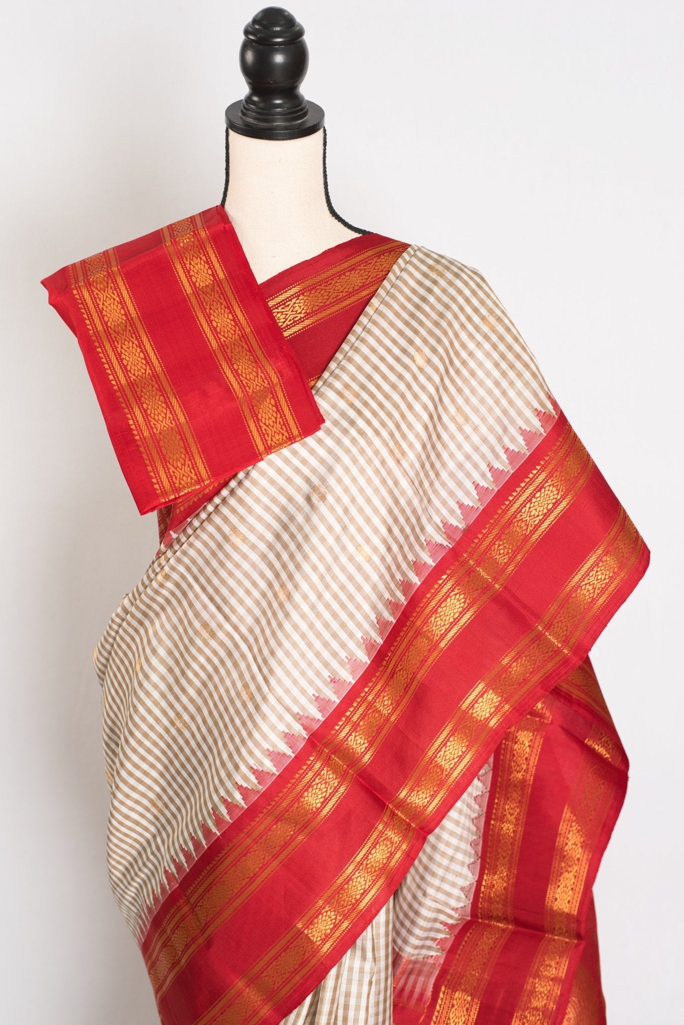 Mira: White and Brown Micro Checks Gadwal Silk Saree with Rich Red Zari Border - Saree Mandi